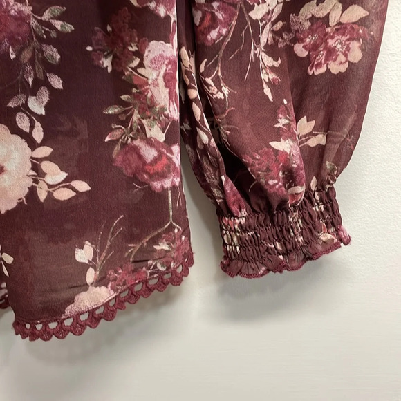 Skylar & Jade Burgundy Sheer Floral Long Sleeve Blouse Lace Ruffle Detail S - Picture 3 of 12